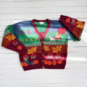 Sweater Loft vtg burgundy pumpkin farm cardigan sweater